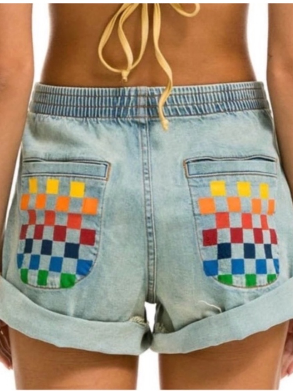 Aviator Nation Light Wash Denim Shorts with Rainbow Checker Patches